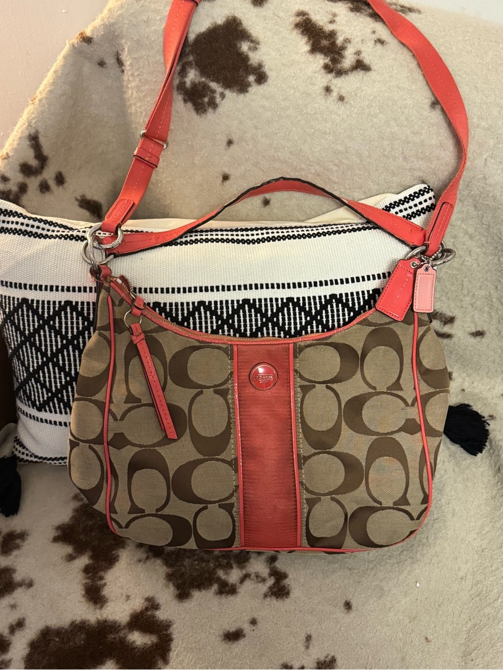 Coach Brown Signature Canvas Shoulder/crosbody Bag with Coral Trim *READ*